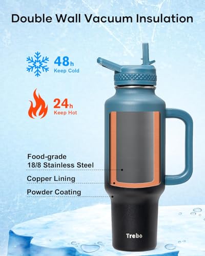 Trebo Insulated Water Bottle 40oz Fits in Car Cup Holder with Side Handle | Stainless Steel Metal Tumbler with Straw Spout Lids, Triple-Wall Vacuum Copper Plated, Cold 48 Hrs Hot 24 Hrs for Travel, Gym - color: Indigo Black, size: 40 Ounces