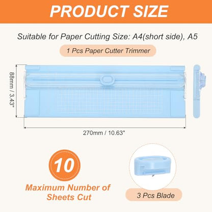 Generic Paper Cutter Trimmer, A4 Straight Small Portable Paper Slide Paper Slicer with Safe-Guard for Craft Cardstock Label Card, Scrapbook Photo, Blue, with 3 Blade