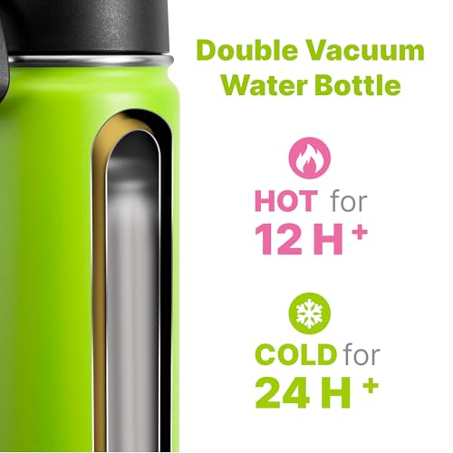 Kids Insulated Water Bottle with Straw-18 oz Stainless Steel Double Wall Vacuum Wide Mouth Water Bottle for School-Metal Travel Water Flask with Silicone Boot (Apple Green) - color: Apple Green, size: 18 Ounces