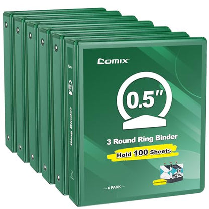 COMIX 3 Ring Binder 1/2 inch with Clear View Cover, 0.5" View Binder Holds 100 Sheets of US Letter Size Paper, 6 Pack (Green) - color: Green, size: 0.5 inch, style: 6-Pack
