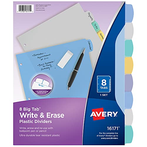 Avery Big Tab Write & Erase Durable Plastic Dividers for 3 Ring Binders, 8-Tab Sets, Pastel Multicolor, 24 Sets, 192 Divider Tabs (16171) - style: 24 Sets