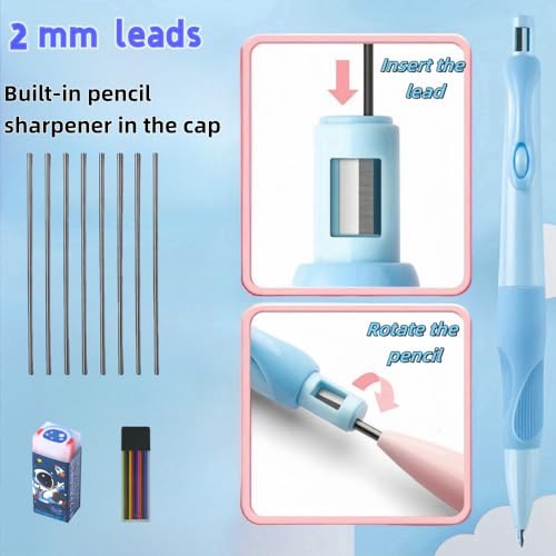 2.0mm Mechanical Pencil for Kids: Fat Grip Handwriting Pencil with 14 Leads | Soft silicone grip, built-in sharpener and 14 break-resistant 2.0mm leads for preschool handwriting, drawing and beginners. - style: 6 pack
