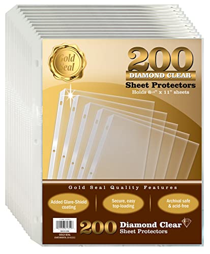 GOLD SEAL 200 Count Diamond Clear Sheet Protectors, Added Anti Glare Coating, Standard Durable Weight, 8.5 x 11, Topload, 200 Boxed Sheet Protectors - size: Letter Size