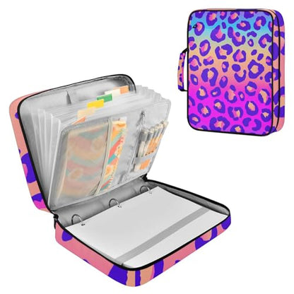Neon Gradient Leopard Print Accordion File Organizer Expanding File Folder Zipper Binder 3 Ring with Handle 500 Sheets Capacity Document Organizer Storage Bag Multi Pockets Design