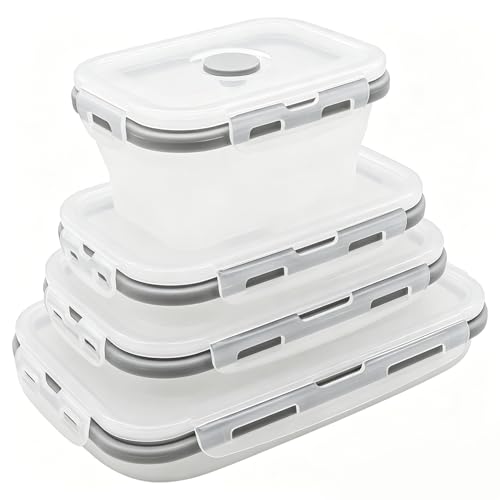 4 Pcs Silicone Collapsible Food Storage Containers with Lids, Silicone Rectangle Collapsible Bowls for Camping, RV Accessories, Travel Trailer Must, Rectangle