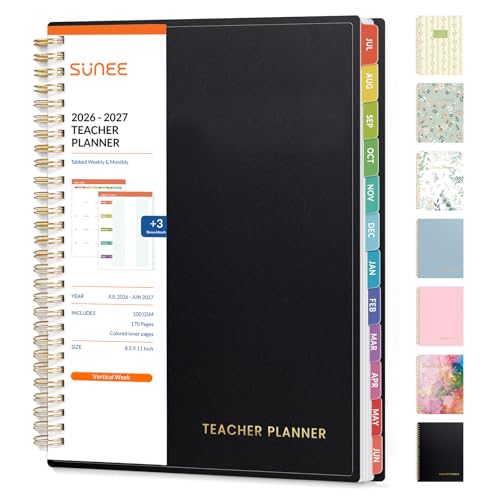 SUNEE Teacher Planner 2026-2027 Academic Year, Lite Lesson Planner Book with 7 Periods Jul 2026 - Jun 2027, 8.5"x11" Daily Weekly and Monthly Organizers, Plan Book with Pocket Folder, Color Tabs,Black - color: Black