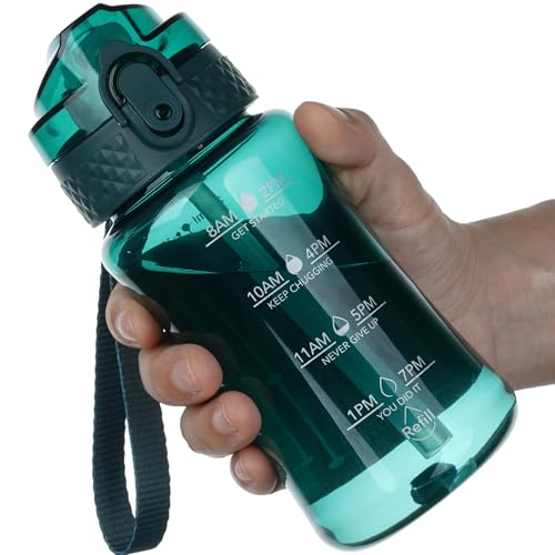 OLDLEY 12oz Kids Water Bottle, Tritan BPA-Free, Leakproof Flip Straw Lid, Motivational Time Marker, Carry Strap, Reusable Clear Water Bottle for Boys & Girls,Trout Green - color: Trout Green, style: 12 Ounces
