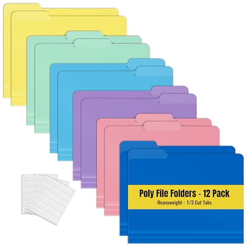Better Office Products Heavyweight Poly Folders File, 1/3 Cut Tabs, 12 Pack, Assorted Colors, Letter Size, with Adhesive Labels,