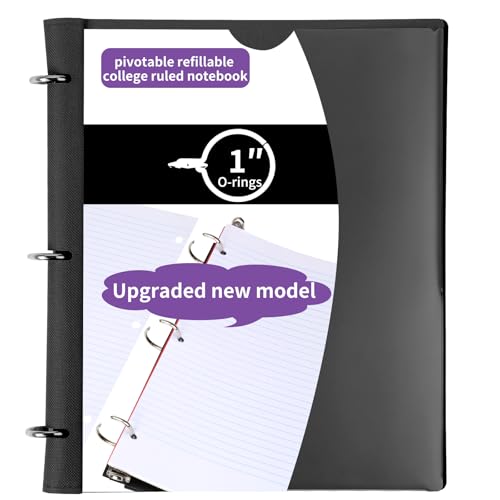 Pivotable Refillable Notebook, Upgraded 1 Inch 3 Ring Notebook Binder, 50 College Ruled Paper, 5 Subject Notebook with Dividers and Folder Pockets, Tabs- Black - color: Black, size: 1 PCS