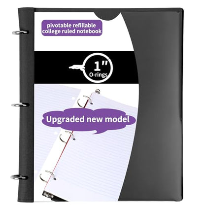 Pivotable Refillable Notebook, Upgraded 1 Inch 3 Ring Notebook Binder, 50 College Ruled Paper, 5 Subject Notebook with Dividers and Folder Pockets, Tabs- Black - color: Black, size: 1 PCS