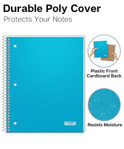 Dunwell 3-Subject Spiral Notebook, (Blue) Plastic Cover, 150 Sheets (300 Pages) Wide Ruled 8x10.5 Paper, 3-Hole Punched Perforated Pages, 3 Divider Folders with Pockets - color: Blue