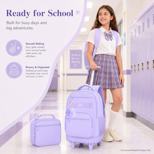 HPJGD 3PCS Rolling Backpack for Girls, Womens Purple School Backpacks with Wheels, Water Resistant Roller Kids Wheeled Bookbag Set - color: Classic Purple Rolling Backpack Set