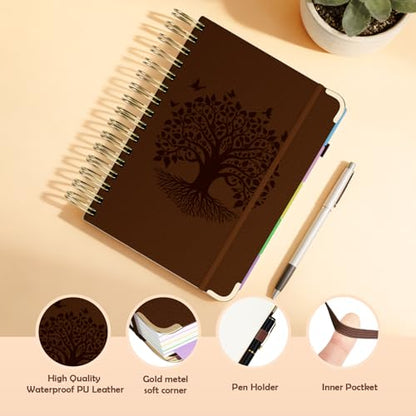 QIYVLOS Hardcover Spiral Notebook, A5 Journal with Removable Dividers Tabs, 5 Subject Notebook College Ruled, 320 Pages 6"x8" Leather Notebooks for Work School Study, Lined Journal for Women, Brown - color: A5/Brown
