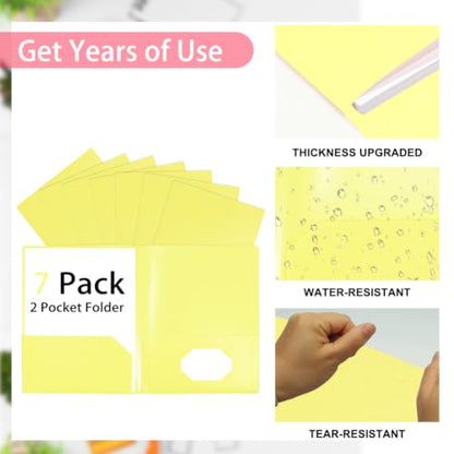 Yellow Folders with Pockets 7 Pack, 2 Pocket Folders Fit Letter Size 8.5x11 inches Paper, Plastic File Folders with Business Card Slot for Documents School Office and Home - color: Yollow