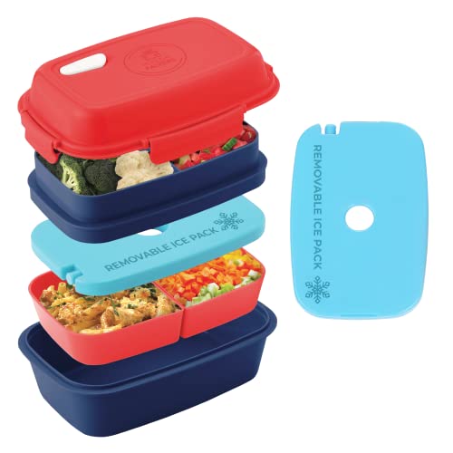 Ultimate Bento Box - Lunch Box for Kids & Adults with Removable Ice Pack - Leakproof, Multi-Compartment Food Container with Removable Containers - Microwave & Dishwasher Safe (Red, Blue, Red) - color: Red, Blue, Red