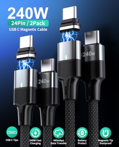 USB C Magnetic Charging Cable 240W [2Pack, 6ft] 24Pin USB C Magnetic Cable to USB C Fast Charger Data Cable, Magnetic Tip Fit All USB-C Cable for iPhone 17 16 15 Pro Max iPad MacBook, Sumsung,Laptop - size: 6FT