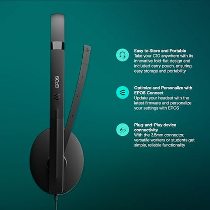 EPOS I SENNHEISER C10 USB Headset with Microphone | Wired Headphones with Simple and Flexible USB C Connection and EPOS BrainAdapt™ Technology ,Black