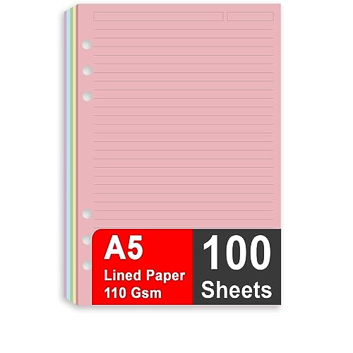 A5 Filler Paper, 6 Hole Notebook Refills Paper for 6 Ring Refillable Binder, 110 Gsm 5-Color Loose Leaf Planner Refill Paper, 100 Sheets/200 Pages, 5.7x8.3 Inch - color: yellow