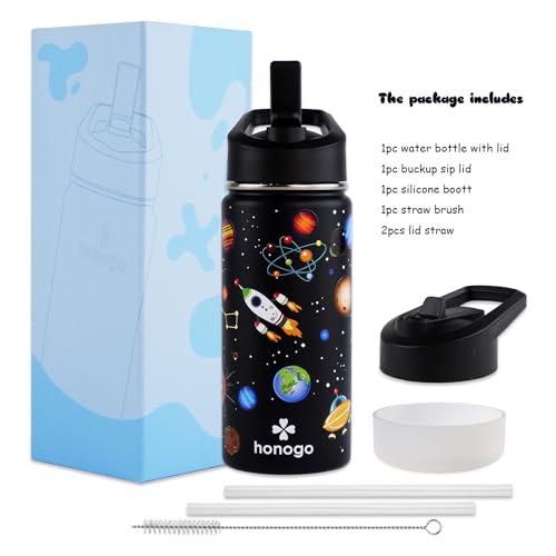 16 oz Stainless Steel Insulated Kids Water Bottle, Leak Proof Metal Thermal Flask with Straw lid, Cute Toddler Tumbler Cup for School Girls & Boys (Black, Space) - color: Black, Space