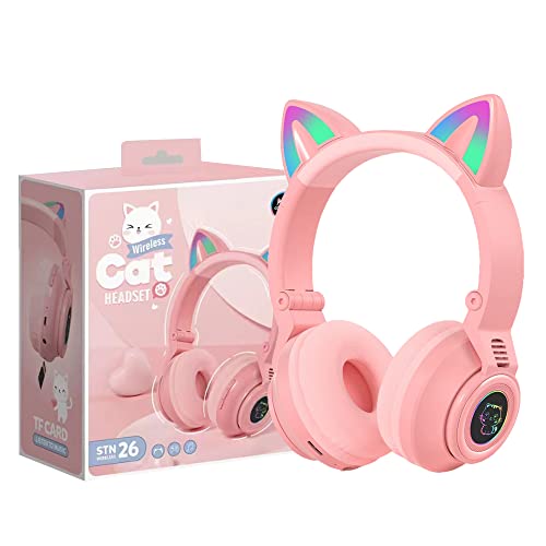 Cat Ear Bluetooth Headphones for Kids & Adults, Wireless Foldable & Wired Multi-Function LED Light Up Over Ear Headphones with Mic and Volume Control for iPhone/iPad/Laptop/PC (Pink 2) - color: Pink 2