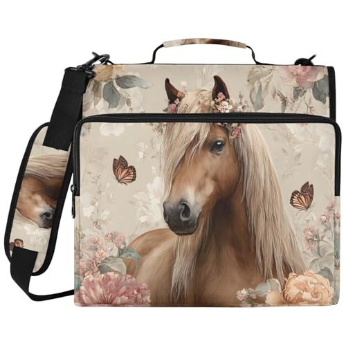 Retro Flower Horse 3 Ring Zipper Binder Bag with Laptop Pockets and Shoulder Strap Tote Binders Organizer Case for School Office - color: Horse