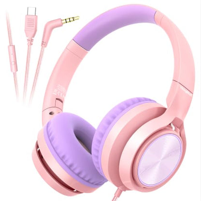 Kids Headphones with Mic for School, USB C&3.5mm Wired Over Ear Headphones for Teens/Boys/Girls,Safe Volume Limited, HD Stereo Sound Foldable Headphones for Students/Tablet/Laptop/PC/Travel,Pink - color: Pink