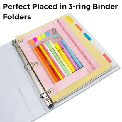 Pencil Pouch 3 Ring Binder, Zipper Clear Window Pencil Pouches Case Cosmetic Bag with Initial Pink 2 Pack - color: Pink