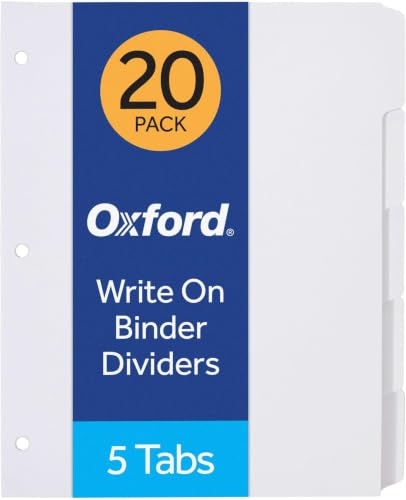 Oxford Blank Write On Binder, 1/5 Cut Tabs, 3 Hole Punch Dividers in 5 Tab Sets, 100-Dividers, 20 Sets, White (89981) (Pack of 5) - size: 5 Tab (Pack of 5)