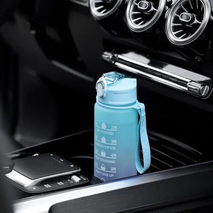 Motivational Water Bottle with Time Markers, 25oz, Gradient Blue-Orange, Leak-Proof Lid with Strap