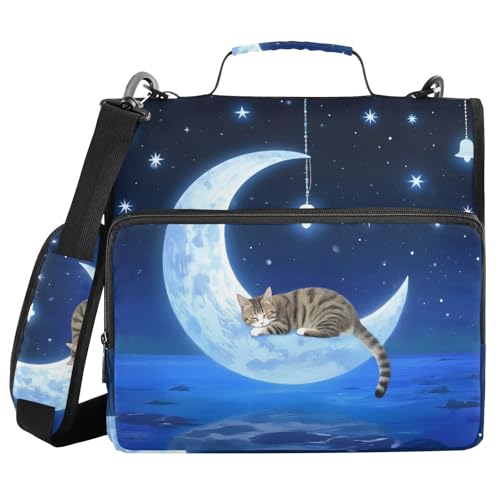 Cat Wind Chimes Moon 3 Ring Zipper Binder Bag Binder Organizer with Handle Shoulder Strap for School Work Office Supplies - color: Cat Wind Chimes Moon