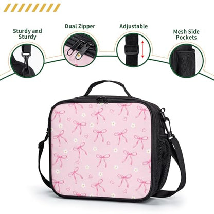 Pink Bow Lunch Box for Girls Kawaii Flowers Love Hearts Lunch Bag with Shoulder Strap for Kids Teens Durable Large Capacity Insulated Lunchbox Thermal Meal Bag for School Picnic - color: A-Bow Pink