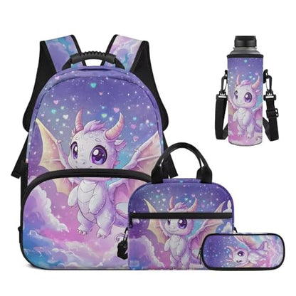 Dinosaur School Bag Set for Boys Girls - Star Sky Print 4 in 1 Book Bag with Lunch Box Pencil Case Water Bottle Sleeve for Elementary Students - color: Dinosaur &Star Sky