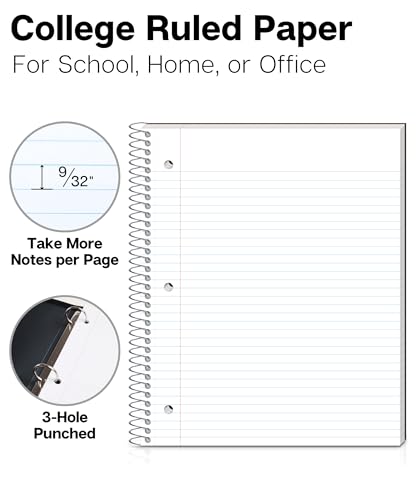 Dunwell 3-Subject Notebook College Ruled (Black), Spiral Notebook 8.5 x 11, Plastic Cover, 3 Pocket Dividers, 150 Sheets (300 Pages), 3-Hole Punched Perforated 8 1/2 x 11 Paper - color: Black