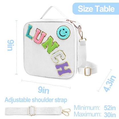 Insulated Lunch Bag With Adjustable Shoulder Strap, Cute Corduroy Preppy Lunch Box Large Insulated Lunch Bag Reusable Lunch Tote Bag (White) - color: White