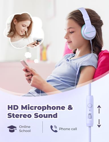 iClever HS19 Kids Headphones for School with Microphone, Safe Volume Limiter 74/85dBA, Over-Ear Girls Boys Headphones for Kids with FunShare Foldable Wired for iPad/Travel (Purple) - color: Purple