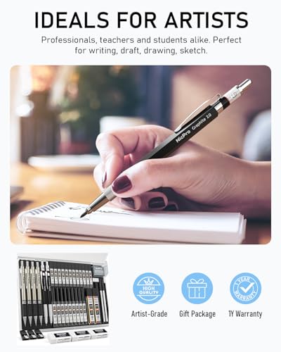 Nicpro 37PCS Art Mechanical Pencil Set, 4PCS Metal Drafting Pencil 0.3mm, 0.5 mm, 0.7 mm, 0.9 mm & 2PCS 2mm Lead Holder (6B 4B 2B HB 2H 4H Colors) For Sketching Drawing With 23 Tube Lead Refills Case - color: Black, style: 0.3 0.5 0.7 0.9 2.0