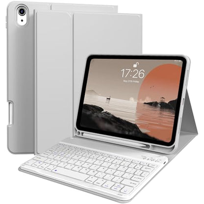 kenke for iPad 11/10th Gen Case with Keyboard 11/10.9 inch 2025 A16/2022, Detachable Wireless Bluetooth Keyboard Case Thin & Light with Built-in Left Side Pencil Holder, White Square Keycaps (Gray) - color: Gray-1