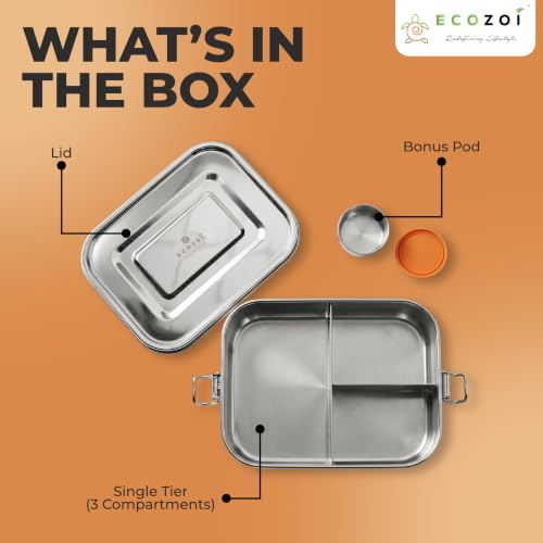 ecozoi Stainless Steel Lunch Box for Kids and Adults with 50 ml Sauce Container, 1-Tier Metal Bento Box Leak Proof with 5 Compartments, 50 Oz Metal Lunch Container, Meal Prep Food Container, - size: 3 Compartment 24 Oz