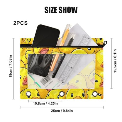 Kcldeci Pencil Pouch for 3 Ring Binder, Cartoon Rubber Ducky 2 Pack Binder Pencil Pouch with Clear Window Pencil Bags with Zipper Pencil Case for Binder - color: A06