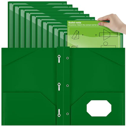 Henoyso 18 Pcs Plastic Folder with Clear Front Pocket and 3 Prong Plastic Folders with Card Slot Pocket Folders with Prongs for School Office (Dark Green) - color: Dark Green
