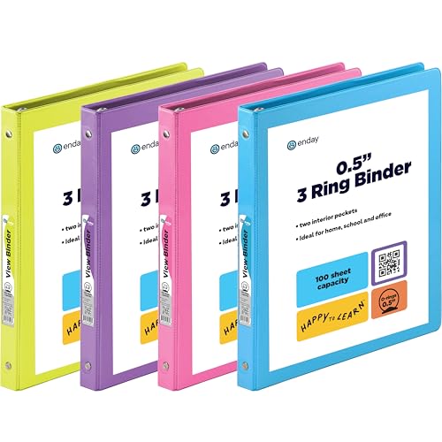 ½ Inch 3 Ring Binder .5 inch Clear View Cover with 2 Inside Pockets, Colored School Supplies Office and Home Binders - Assorted Colors May Vary (4 Pack) – by Enday - size: .5-Inch