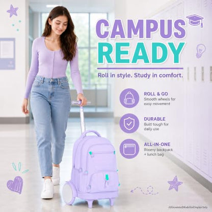 CCJPX 3Pcs Women & Girls Rolling Backpack with Bigger Wheels, Extra-Large Wheeled Bookbag with Lunch Box, Water Resistant Extra-Large Roller Luggage for Travel, Work, College (Purple) - color: Purple(upgrade Large Wheel)