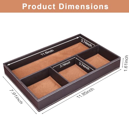 KINGFOM Pu Leather Desk Organizer Tray, 4 Compartment Office Storage Supplies Stationery Drawer Tray, Nightstand Bedside Tray for Key, Wallet, Watch, Coin, Phone Valet Tray Stackable - color: Brown
