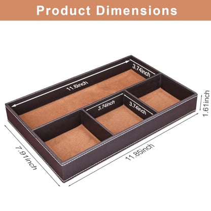 KINGFOM Pu Leather Desk Organizer Tray, 4 Compartment Office Storage Supplies Stationery Drawer Tray, Nightstand Bedside Tray for Key, Wallet, Watch, Coin, Phone Valet Tray Stackable - color: Brown