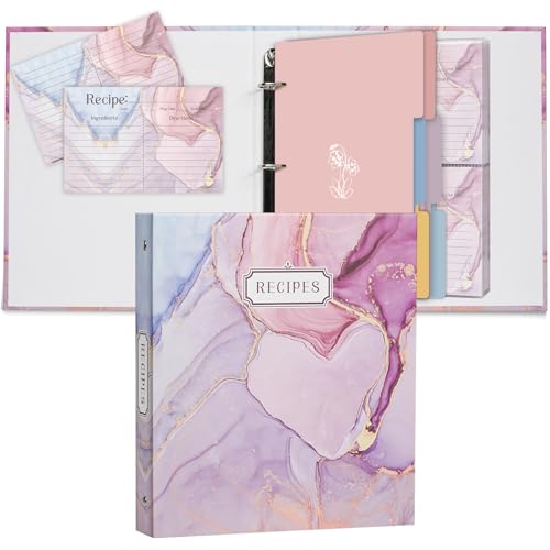 Hi why 3 Ring Binder 8.5x9.5, Full Page Organizer Set with 25 Slots & 50 Recipe Cards & 6 Dividers, Recipe Book for Slim Kitchen Design Pink - color: Pink Marble, size: Medium