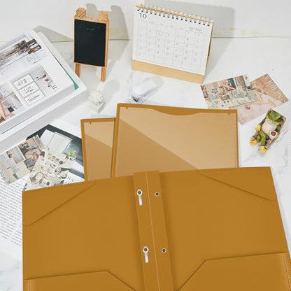 Henoyso 18 Pcs Plastic Folder with Clear Front Pocket and 3 Prong Plastic Folders with Card Slot Pocket Folders with Prongs for School Office (Khaki) - color: Khaki