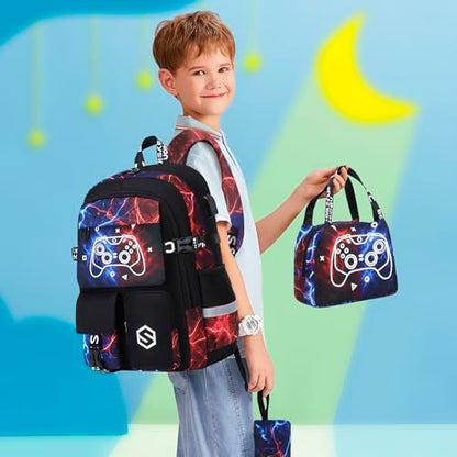 Scothen Boys Backpack, Cool Luminous School Backpacks for Boys with Lunch Bag Pencil Case, Kids Backpack Kindergarten Elementary Middle School Book Bags for Teen Boy Children with USB Charging Port - color: Cool Red-blue