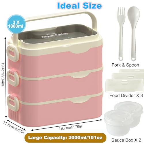 Bento Box Adult Lunch Box, Stackable 3 Layers Large Capacity Lunch Containers, Microwave and Dishwasher Safe Food Grade Containers with Utensils, Dividers and Sauce Boxes for Men, Women, Kids - color: Pink-White