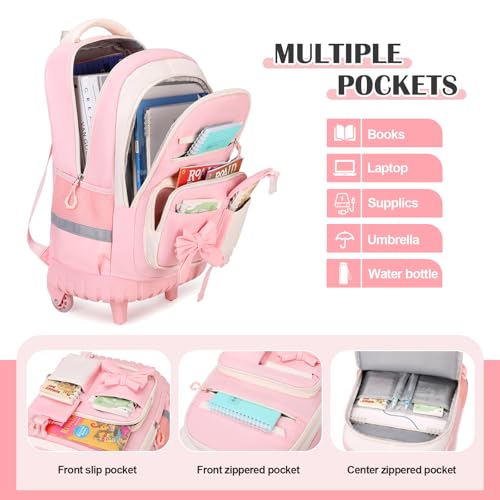 DIGOBAY Rolling Backpack for Girls, Cute Roller School Bag with Wheels, Kids Wheeled Backpacks Set with Lunch Bag Pencil Case for Teen Girls Kindergarten Elementary Middle School - color: Beige-pink