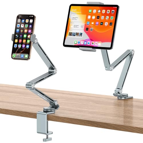 OMOTON GH03 Tablet Holder with 2 ABS Clamps, Aluminum Long Arm Mount, Grey | C-Clamp Base with 360°Rotation Fits Desk, Bed, Side Cabinet, Kitchen, Adjustable Tablet Stand for 4-13" iPad Pro/iPhone - color: Grey